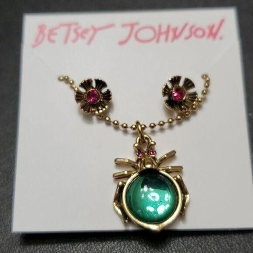 Betsey Johnson gold tone necklace earring set spider green